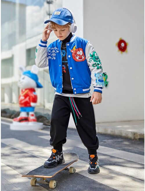 SHEIN Kids HYPEME Tween Boy Slogan & Cartoon Graphic Varsity Jacket
