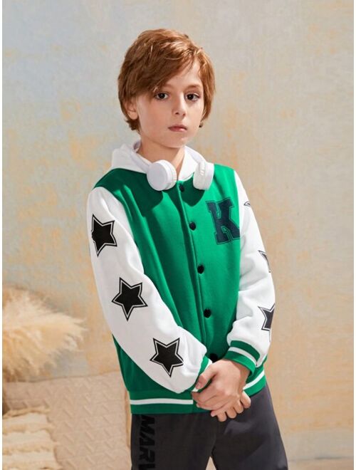 SHEIN Tween Boy Letter Graphic Striped Trim Varsity Jacket