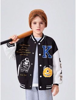 JNSQ Tween Boy Slogan & Cartoon Graphic Drop Shoulder Striped Trim Varsity Jacket