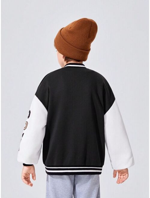 Shein JNSQ Tween Boy Slogan & Cartoon Graphic Drop Shoulder Striped Trim Varsity Jacket