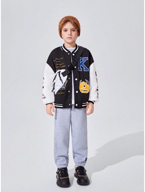 Shein JNSQ Tween Boy Slogan & Cartoon Graphic Drop Shoulder Striped Trim Varsity Jacket