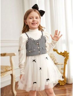 Kids CHARMNG Young Girl Bow Front Puff Sleeve Dress & Houndstooth Print Cami Top