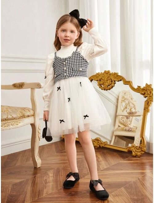 SHEIN Kids CHARMNG Young Girl Bow Front Puff Sleeve Dress & Houndstooth Print Cami Top