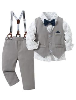 Caretoo Toddler Baby Boy Clothes Suit 5Pcs Gentleman Wedding Outfit Dress Shirt+Vest+Bow Tie+Suspender Pant Formal Set 12M-5T