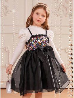 Young Girl Mock Neck Gigot Sleeve Tee & Sequin Detail Cami Dress