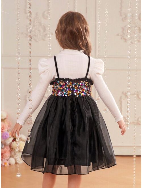 SHEIN Young Girl Mock Neck Gigot Sleeve Tee & Sequin Detail Cami Dress