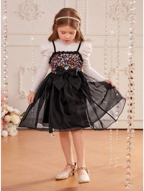 SHEIN Young Girl Mock Neck Gigot Sleeve Tee & Sequin Detail Cami Dress
