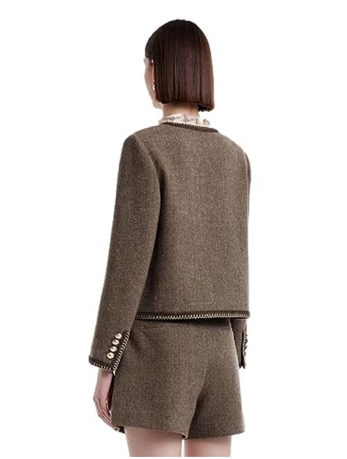 GOELIA Women's Washable 100% Merino Wool Blazers for Work Business Casual, Cropped Blazer Jackets for Women, Retro Brown