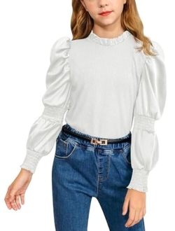BesserBay Girls Puff Long Sleeve Shirt Ruffle Neck Rib Knit Blouse Tops Fall Shirts Size 4-12 Years