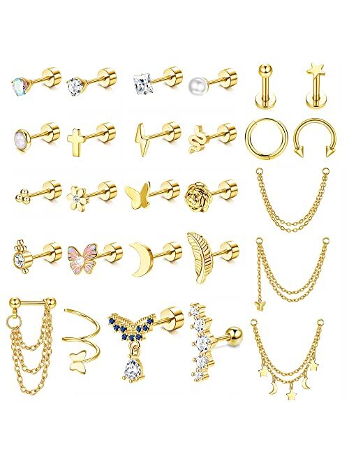 BESTEEL 16G Cartilage Earrings Stud for Women Men Hypoallergenic Stainless Steel Flat back Stud Earrings Hoop Set Cute Star Moon Flower Snake Butterfly CZ Opal Cartilage 