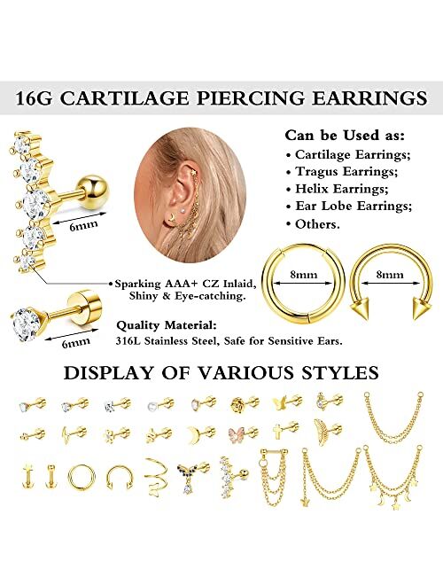 BESTEEL 16G Cartilage Earrings Stud for Women Men Hypoallergenic Stainless Steel Flat back Stud Earrings Hoop Set Cute Star Moon Flower Snake Butterfly CZ Opal Cartilage 