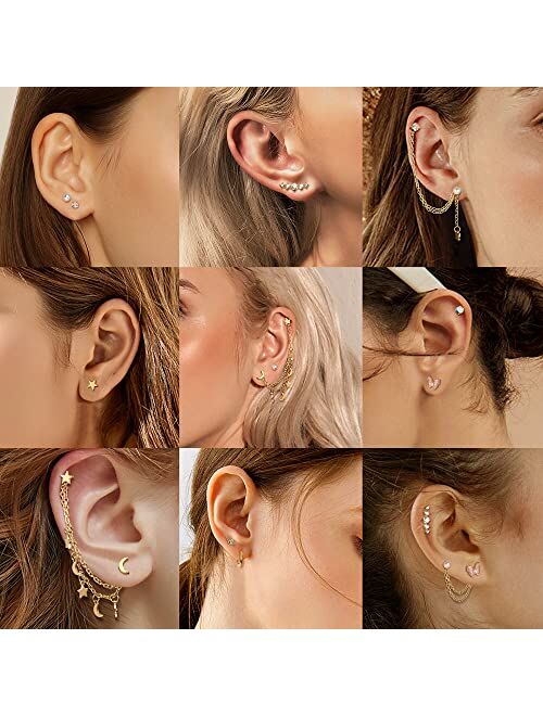 BESTEEL 16G Cartilage Earrings Stud for Women Men Hypoallergenic Stainless Steel Flat back Stud Earrings Hoop Set Cute Star Moon Flower Snake Butterfly CZ Opal Cartilage 