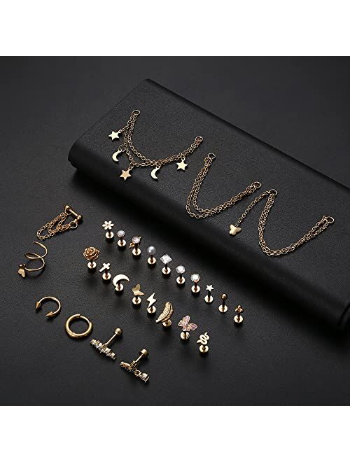 BESTEEL 16G Cartilage Earrings Stud for Women Men Hypoallergenic Stainless Steel Flat back Stud Earrings Hoop Set Cute Star Moon Flower Snake Butterfly CZ Opal Cartilage 