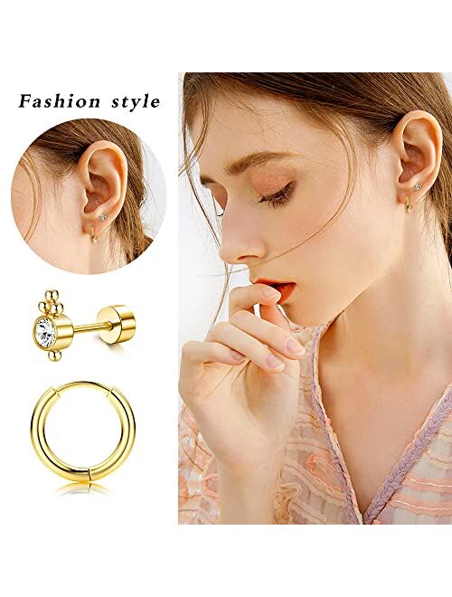 BESTEEL 16G Cartilage Earrings Stud for Women Men Hypoallergenic Stainless Steel Flat back Stud Earrings Hoop Set Cute Star Moon Flower Snake Butterfly CZ Opal Cartilage 