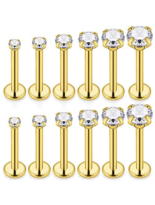 SCERRING 6 Pairs 16g Stainless Steel Prong Setting Clear CZ Internally Threaded Labret Monroe Lip Tragus Cartilage Helix Earring Ring Body Piercing Jewelry 6-10mm