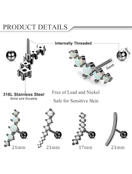 FIBO STEEL 4 Pcs 16G Cartilage Stud Earrings for Women Opal CZ Bar Helix Conch Daith Piercing Jewelry Set
