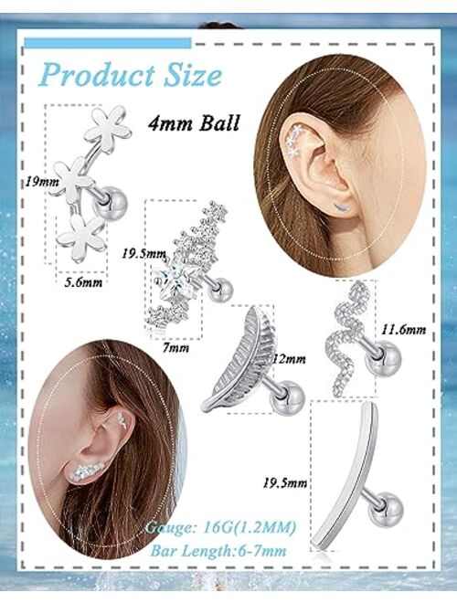 Tornito 9-30Pcs Cartilage CZ Stud Earrings Conch Forward Helix Tragus Daith Piercing Lip Rings Snake Heart Butterfly Jewelry for Women Men 16G Silver Gold Tone