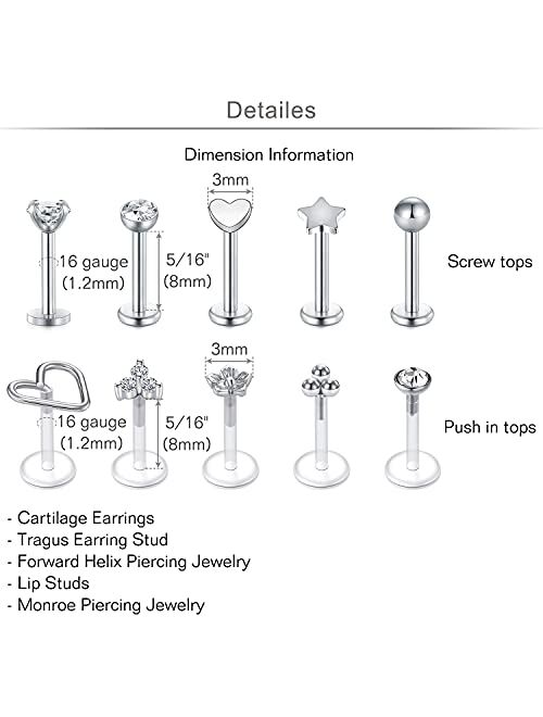 MODRSA Tragus Piercing Jewelry Helix Piercing Jewelry Flat Back Earrings for Women Forward Helix Earrings Cartilage Earring Tragus Jewelry Medusa Piercing Jewelry Lip Rin