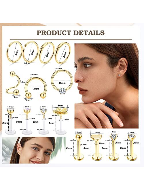 JeryWe 27Pcs 16G Cartilage Earrings Stud Hoop for Women Men Stainless Steel Helix Piercing Tragus Earrings Forward Conch Piercing Jewelry