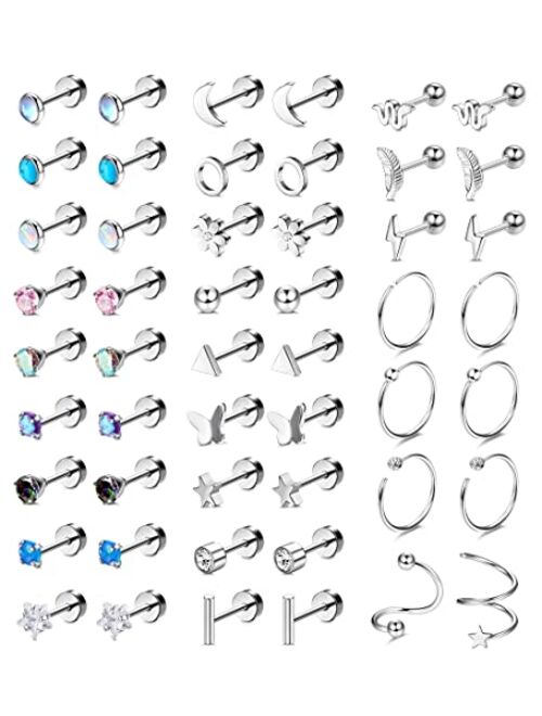 Dochais 25 Pairs Surgical Steel Stud Earrings for Women Multipack Cartilage Earring Opal Moonstone Turquoise Butterfly Flower Star Flat Back Earrings Silver
