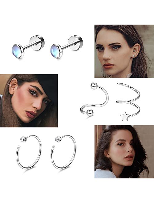 Dochais 25 Pairs Surgical Steel Stud Earrings for Women Multipack Cartilage Earring Opal Moonstone Turquoise Butterfly Flower Star Flat Back Earrings Silver