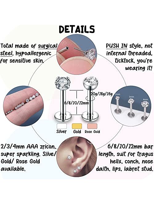 Punktracker 16g/18g/20g Threadless Lip Rings Tragus Earrings Surgical Steel Helix Conch Cartilage Earrings Monroe Piercing Jewelry for Women Men Labret Studs