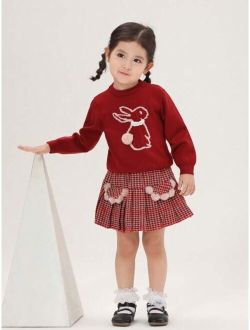 Young Girl Rabbit Pattern Sweatshirt & Houndstooth Print Skirt