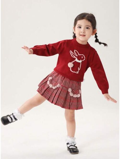 Shein Young Girl Rabbit Pattern Sweatshirt & Houndstooth Print Skirt