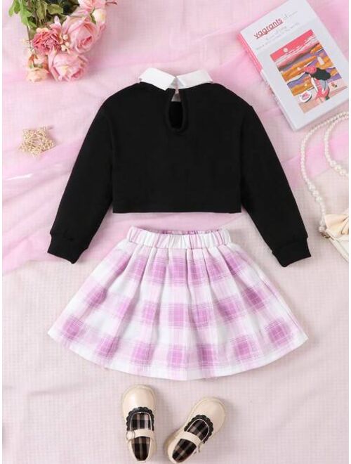 SHEIN Kids FANZEY Young Girl Figure & Slogan Graphic Contrast Collar Sweatshirt & Plaid Print Skirt