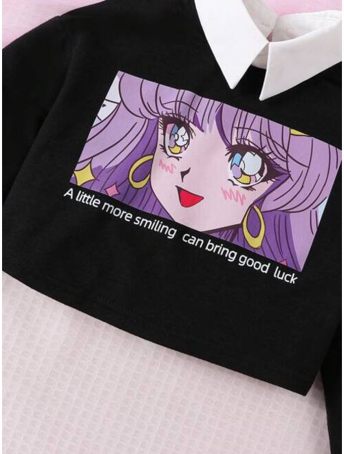 SHEIN Kids FANZEY Young Girl Figure & Slogan Graphic Contrast Collar Sweatshirt & Plaid Print Skirt