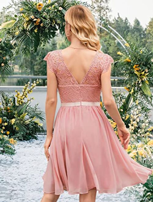 Wedtrend Women's Bridesmaid Dress, Flutter Sleeves Short Prom Dress Floral Lace Chiffon Summer Wedding Guest Dress