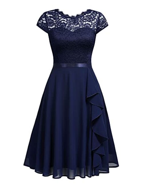 MISSMAY Women's Vintage Lace Contrast Chiffon Ruffle Classy Formal Prom Dress