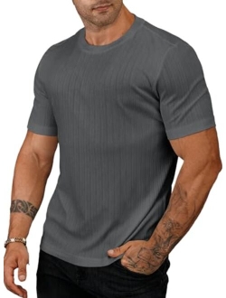 JMIERR Men's Muscle T Shirt Crewneck Short Sleeve Slim Fit Longline Ribbed Knit Stretch Workout Tee Shirts