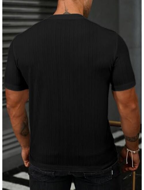 JMIERR Men's Muscle T Shirt Crewneck Short Sleeve Slim Fit Longline Ribbed Knit Stretch Workout Tee Shirts