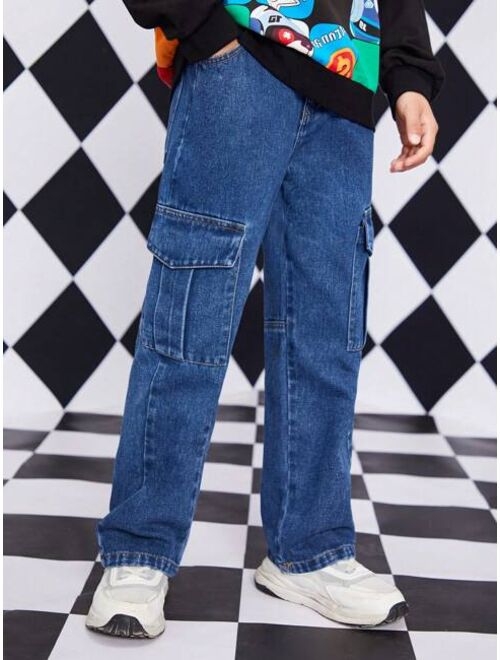 Shein Tween Boy Flap Pocket Side Cargo Jeans