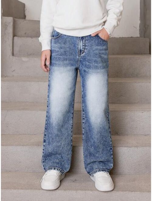 Shein Tween Boy Bleach Wash Straight Leg Jeans