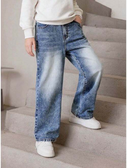Shein Tween Boy Bleach Wash Straight Leg Jeans
