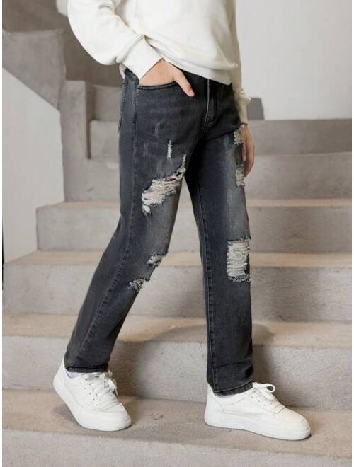 Shein Boys' (big) Jeans, New Style, Casual, Fashionable, High-end Gray Distressed Washed Denim Trousers With Narrow Hem