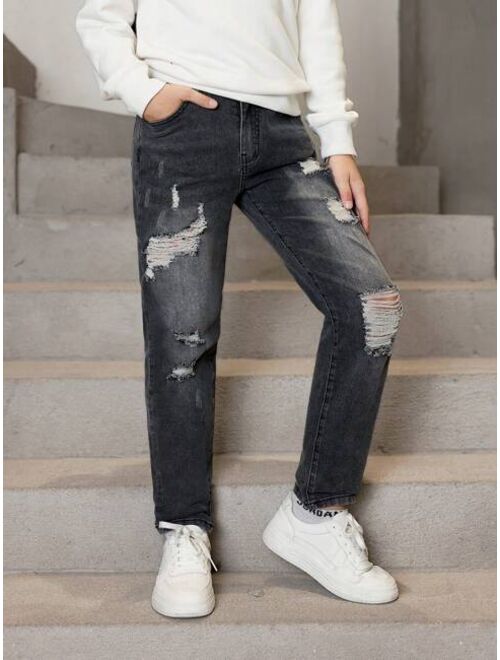 Shein Boys' (big) Jeans, New Style, Casual, Fashionable, High-end Gray Distressed Washed Denim Trousers With Narrow Hem