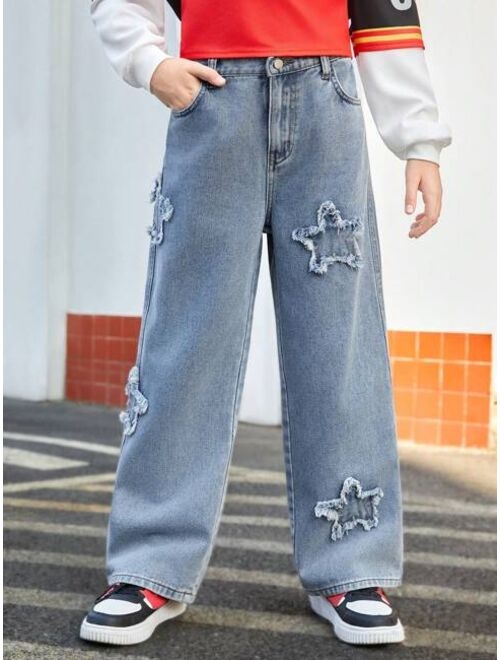 SHEIN Boys' Star Applique Embroidery Straight-Leg Jeans