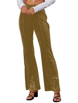 ECOWISH Womens Velvet Pants Elastic High Waist Palazzo Pants Casual Flare Long Trousers