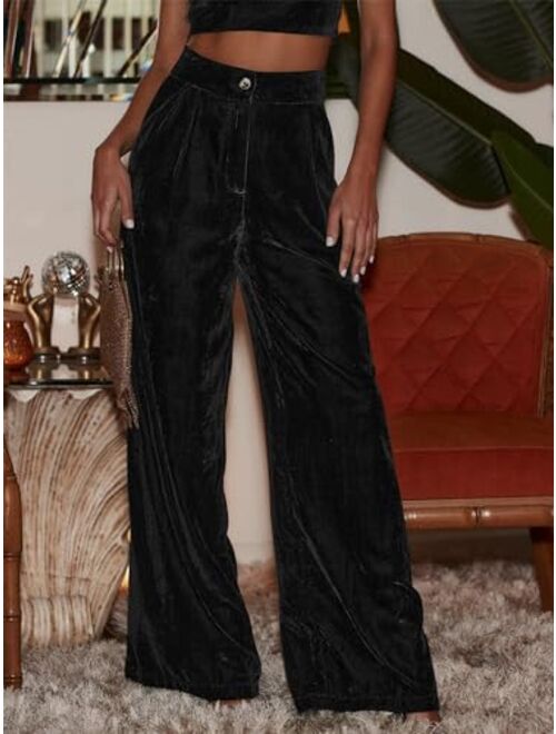 ECOWISH Womens Velvet Pants Elastic High Waist Palazzo Pants Casual Flare Long Trousers