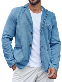 Ryannology Mens Casual Denim Blazer 2 Buttons Slim Fit Sport Coat Classic Notched Collar Jacket Business Suit Jackets