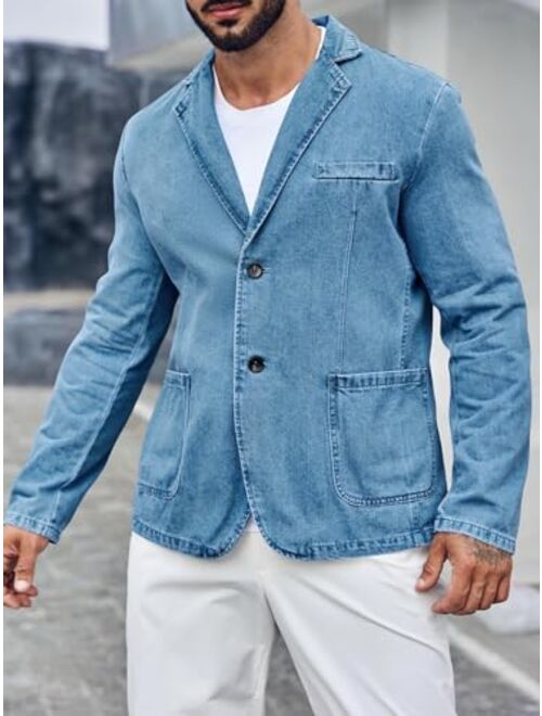 Ryannology Mens Casual Denim Blazer 2 Buttons Slim Fit Sport Coat Classic Notched Collar Jacket Business Suit Jackets