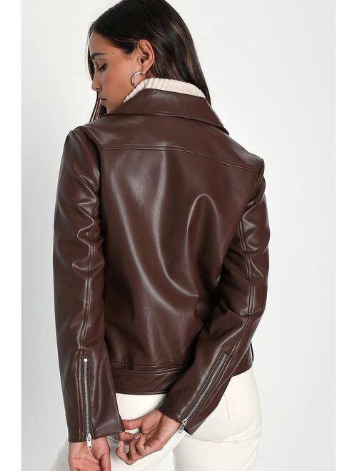Lulus Brave Behavior Brown Vegan Leather Oversized Moto Jacket