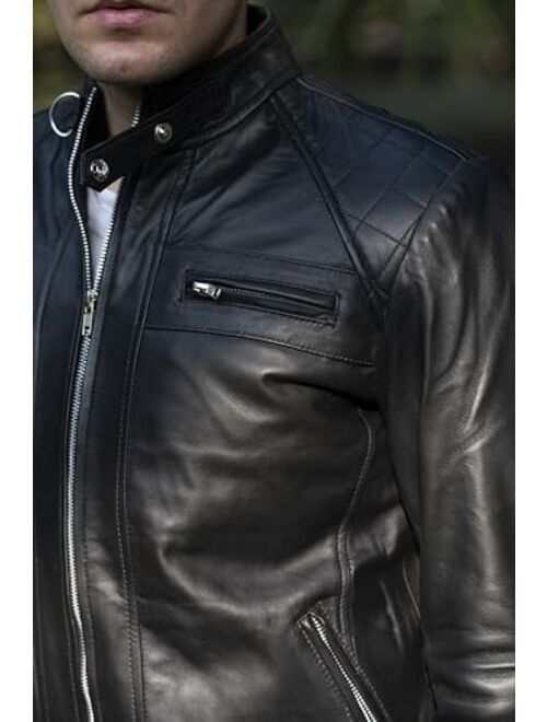 Tlc Fashion TLC Leather Motorcycle Jacket Men - Black Real Leather Jacket for Men in Sizes from XXS to 3XL - Lambskin Leather Jacket