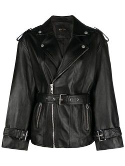 wide-sleeved belted leather jacket
