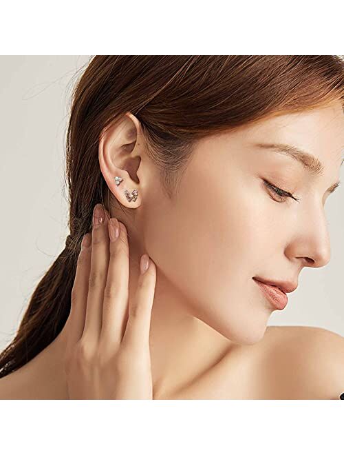 Florideco 9Pcs 16G Cartilage Earrings for Women Stainless Steel Top Screw Flat Back Earrings Butterfly Moon Opal CZ Cartilage Stud Earrings Helix Tragus Conch Labret Monr
