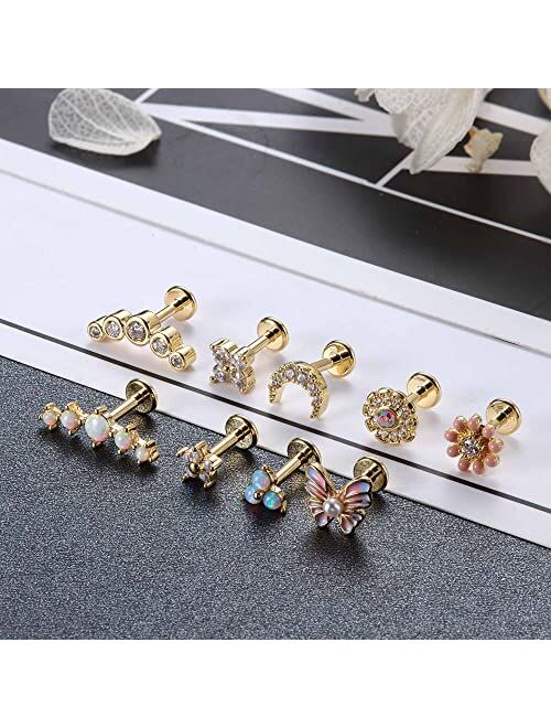 Florideco 9Pcs 16G Cartilage Earrings for Women Stainless Steel Top Screw Flat Back Earrings Butterfly Moon Opal CZ Cartilage Stud Earrings Helix Tragus Conch Labret Monr