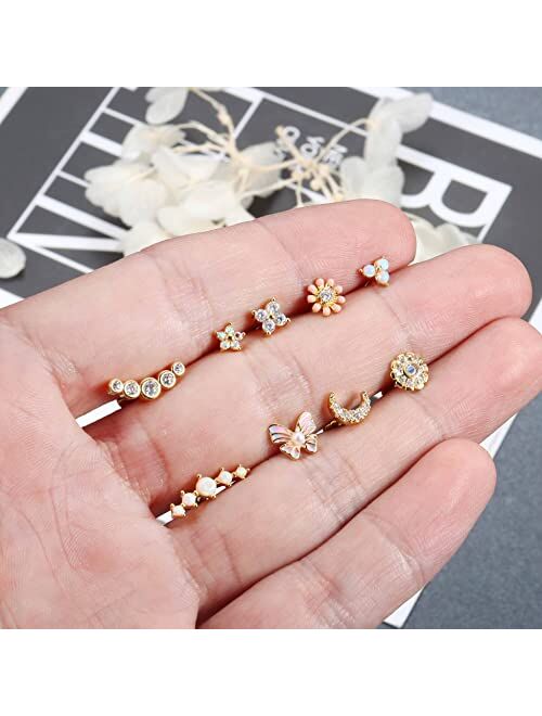 Florideco 9Pcs 16G Cartilage Earrings for Women Stainless Steel Top Screw Flat Back Earrings Butterfly Moon Opal CZ Cartilage Stud Earrings Helix Tragus Conch Labret Monr